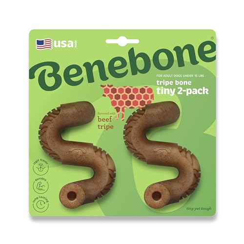 Benebone Tiny 2-Pack, Tripe Bone Durable Dog Chew Toy for Aggressive Chewers, Real Tripe, Made in USA - size: Tiny 2-Pack, style: Chew Toy