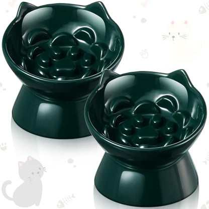Funnymoom 2 Pcs Ceramic Raised Slow Feeder Cat Bowl, 5.91inch Elevated Cat Slow Feeder Bowl Tilted Anti Vomiting for Dry Wet Food and Water Easy to Clean High Edge(Dark Green) - color: Dark Green