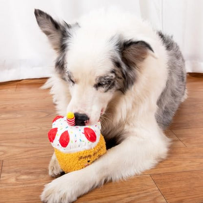 DODODOLA Stuffed Dog Toys Durable Plush Dog Toy with Crinkle Paper Cute Elephant Squeaky Dog Toys Dog Chew Toys for Medium Large Breed (Yellow Birthday Cake) - color: Yellow Birthday Cake