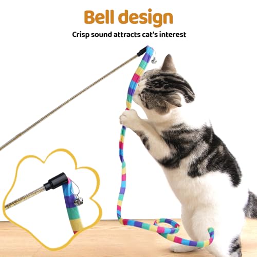 MiOYOOW Cat Wand Toy, 3PCS Rainbow Cat Teaser Stick with Bells Interactive Cats Toys for Indoor Cats Kittens Exercise Play