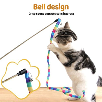MiOYOOW Cat Wand Toy, 3PCS Rainbow Cat Teaser Stick with Bells Interactive Cats Toys for Indoor Cats Kittens Exercise Play