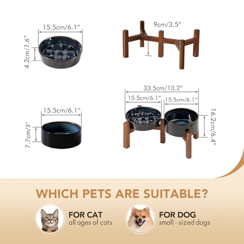 Havniva 0.9 Cup Elevated Slow Feeder Dog Bowls, 6.1” Dog Slow Feeding Bowls + 6.1” Ceramic Dog Water Bowls Set with Acacia Wood Stand, Dog Food Bowls Puzzle Feeder for Small Dogs Non-Slip Anti-choking - color: 2 x Starry Sky + Stand - C, size: S- 6.1inch