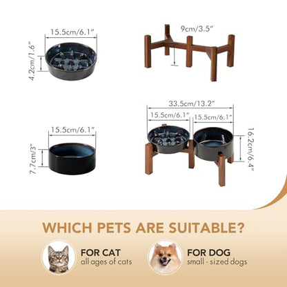 Havniva 0.9 Cup Elevated Slow Feeder Dog Bowls, 6.1” Dog Slow Feeding Bowls + 6.1” Ceramic Dog Water Bowls Set with Acacia Wood Stand, Dog Food Bowls Puzzle Feeder for Small Dogs Non-Slip Anti-choking - color: 2 x Starry Sky + Stand - C, size: S- 6.1inch