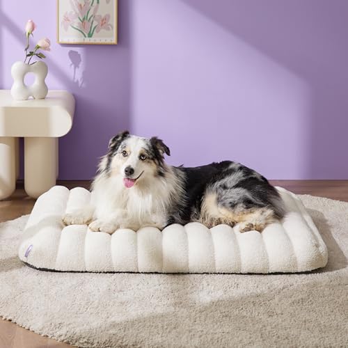 LE SURE Cute Orthopedic Dog Bed Large Sized Dog, Waterproof Chic Flat Pet Beds with Removable Washable Cover, Fuzzy Thick Egg Crate Foam Pet Mat for Indoor Use (36" x 27", Cream) - color: Cream, size: 36"L x 27"W x 4"Th