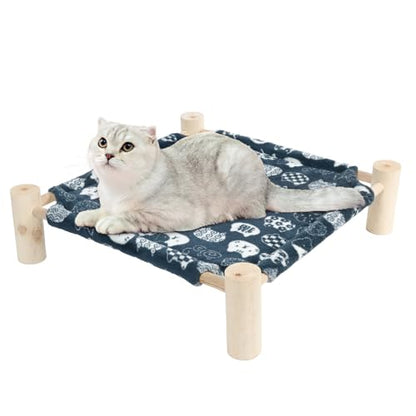 Cat and Dog Hammock Bed for Small Dogs, Brethable Wooden Cat Pet Rabbit Elevated Bed Cots Furniture for All Seasons Fleece Navy Blue - color: Navy Blue