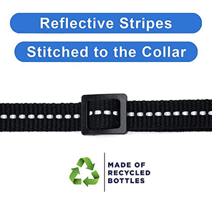 Pawtitas Recycled Black Reflective Cat Collar – Eco-Friendly Breakaway Safety Buckle, Adjustable Kitten & Adult Collar with Removable Bell and High-Visibility Strap - color: Recycled Black