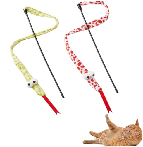 NOWFRESH Cat Wand Toy Set, 2 PCS Interactive Cat Teaser Wands with Cute Red Snake & Green Snake Designs, Equipped with Bells and Streamers to Captivate Your Cat’s Attention - color: red snake and green snake