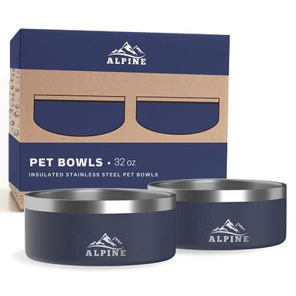 ALPINE Set of 2 Stainless Steel Dog Bowls, Non Slip, Metal Pet Bowl for Food and Water, Double Walled Insulated, Rustproof, Dishwasher Safe (32 oz, Navy) - color: Navy, size: 32 oz