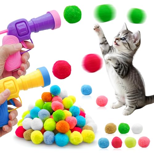 Jgalnim 100 Cat Pom Pom Balls &2 Cat Toy Launchers,Cat Toys Ball Launcher,Launch Ball Cat Fetch Toy,Interactive Cat Toy Balls for Kitty Gifts
