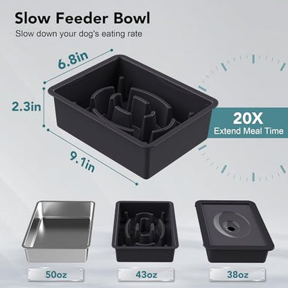 UPSKY 3-in-1 Elevated Dog Bowls Slow Feeder, Adjustable Stand, Stainless Steel Food & No Spill Pet Water Bowl for Small Medium Dogs - color: C-3 in 1 (Black)