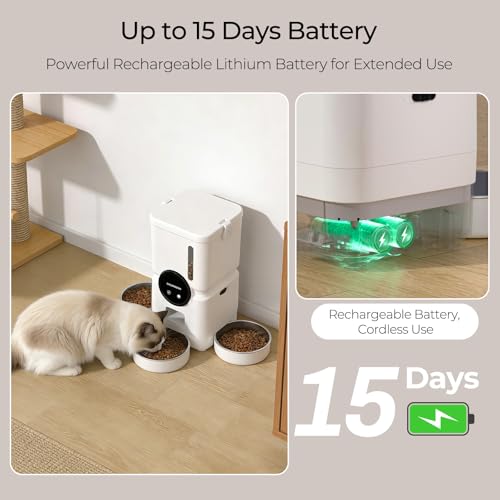 Automatic Cat Feeder for 3 Cats with Slow Feed, 6L Smart WiFi Pet Feeder, 2.4G & 5G Dual-Band, Battery Powered with 15-Day Battery Life, for Cats & Small Dogs (White) - color: White