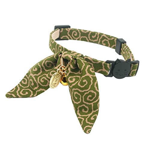 Bunny Ears Cat Collar, Japan Lucky ‘開三運’ Charm. Safety Breakaway Bowtie Kitten Collar with Bell, Green - color: Green