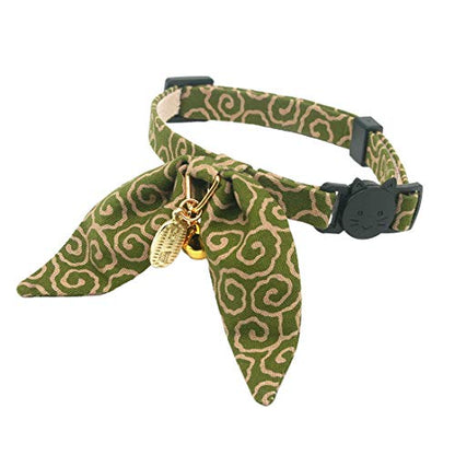 Bunny Ears Cat Collar, Japan Lucky ‘開三運’ Charm. Safety Breakaway Bowtie Kitten Collar with Bell, Green - color: Green
