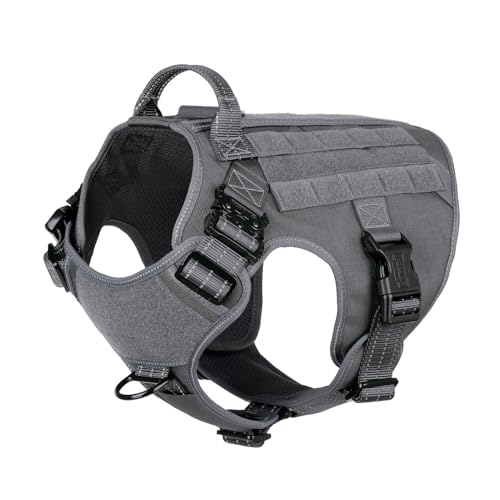 ICEFANG Tactical Dog Harness, Large Size,2X Metal Buckle,Working Dog MOLLE Vest with Handle,No Pulling Front Leash Clip,Hook and Loop Panel (Grey,L (Pack of 1)) - color: Grey, size: Large (Pack of 1)