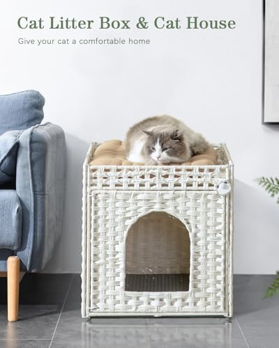 SETVSON Cat Litter Box Enclosure Furniture, Hidden Litter Box with Mat and Fence, Handwoven Rattan Cat House with Two S-Shaped Hooks for Living Room, Bedroom, 18.5 x 20.5 x 19.1 Inches (White - color: White, size: Standard