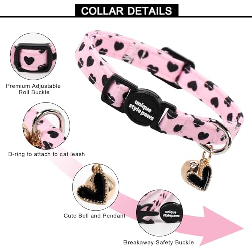 Unique style paws 2 Pack Valentine Kitten Collar Breakaway with Bell&Pendant, Adjustable Safety BlackBerry Pink Love Heart Cat Cotton Collar for Girl Boy Cat and Small Pet - color: Blackberry Pink Heart