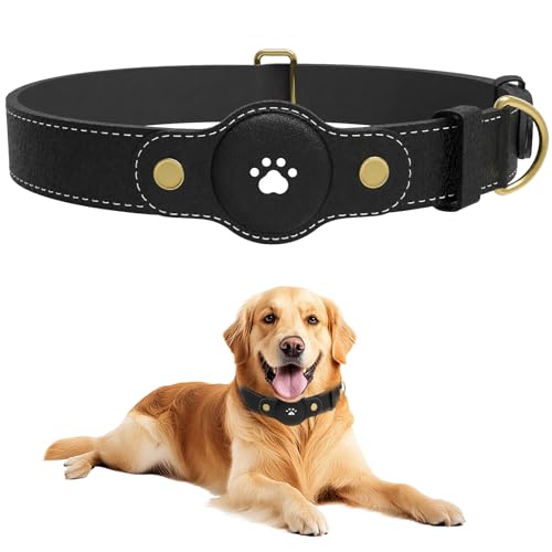 Adjustable AirTag Dog Collar – Waterproof Nylon Pet Collar with Built-in Air Tag Holder and D-Ring Leash Attachment Comfortable Padded, Heavy Duty Dog Collars – Fits Medium Large Dogs(Black)