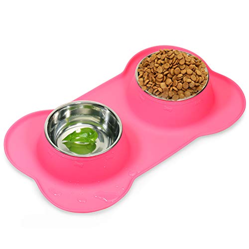 Dog Food Bowls Stainless Steel Pet Food Bowls & Dog Water Bowls, Dog Bowls Silicone Mat No Spill Non-Skid Feeding Bowls for Small Size Dog Puppy Cat Food Dish, Pink, 3 Cup/24oz, Set of 2 Bowls - color: Pink, size: 3 Cup/27 oz each