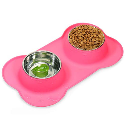 Dog Food Bowls Stainless Steel Pet Food Bowls & Dog Water Bowls, Dog Bowls Silicone Mat No Spill Non-Skid Feeding Bowls for Small Size Dog Puppy Cat Food Dish, Pink, 3 Cup/24oz, Set of 2 Bowls - color: Pink, size: 3 Cup/27 oz each