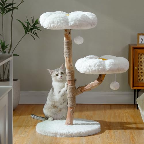 MUTTROS Wood Flower Cat Tree, Modern Cat Tower with Real Wood Branches, Luxury Boho Furniture with Scratching Post and 2 Perches, Cat Climbing Tower for Indoor Cats, Cloud White - color: Cloud White, size: 36" Solid Wood Cat Tree