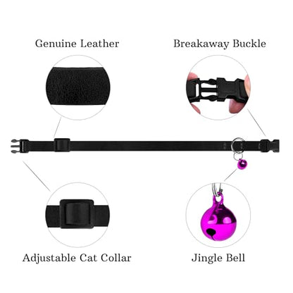 Breakaway Cat Collar Leather with Removable Bell - 13 Colors Available - Soft Adjustable Girl Boy Safety Lightweight Pet Kitten Collars Pink Brown Blue Green Red Orange Black (Black) - color: Black
