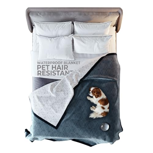 Waterproof Dog Blanket for Bed – 90x90 Inch King/Queen Size – Pet Hair Resistant Blanket for Small to Large Dogs – Washable, Leakproof, Reversible Bedspread for Bed Protection – Blue/White - size: 90"x 90"
