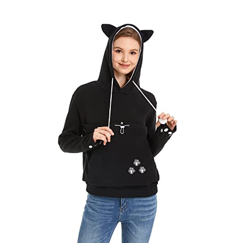 Unisex Big Pouch Hoodie Long Sleeve Fleece Pet Dog Holder Carrier Pullover Sweatshirt… - color: Black, size: Large