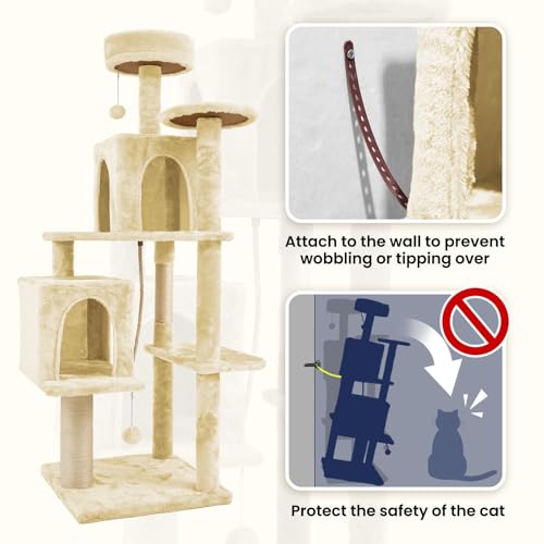 58.5inch Large Cat Tree Tower Condo for Indoor Cats, Soft Plush Multi-Level Climbing Tree Cat House, Scratching Post, More Entrance/Exit, Sisal Rope, Beige Almond - color: Beige Almond