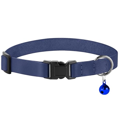 Breakaway Cat Collar with Bell - Leather Adjustable Kitten Collars with Safety Quick Release Buckle - Soft Small Pet Collars for Girl & Boy Cats (Deep Blue) - color: Deep Blue