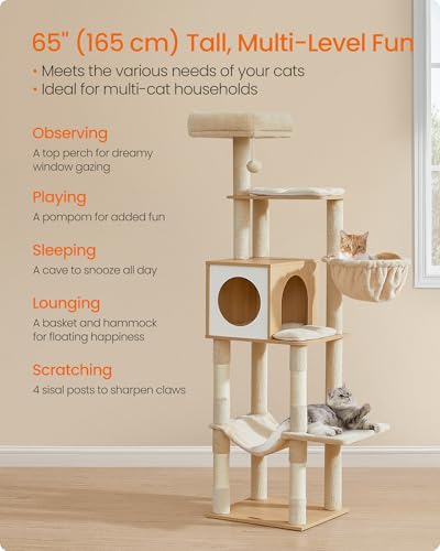 Feandrea Cat Tree, 65-Inch Tall Cat Tower, Multi-Level Condo with Cave, Basket, Hammock, Pompom, Scratching Posts, Almond Yellow UPCT118Y01 - color: Almond Yellow