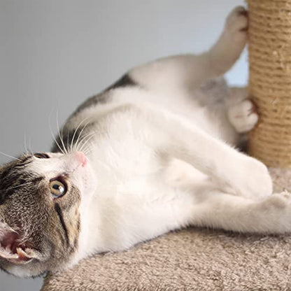 Cat Tree - 3-Tier Tall Cat Tower Condo with 2 Napping Perches, Sisal Rope Scratching Post, Hanging Mouse and Interactive Wheel Toy by PETMAKER (Beige), 27.5" - color: Beige