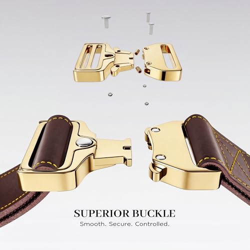 AssuredLock Leather Dog Collar, 1.5” Wide, Smooth Quick-Release Buckle with Adjustable Design, Heavy-Duty Handcrafted Collars for Large Dogs, Brown Gold-L - color: Brown-Gold, size: 17-28.5 In