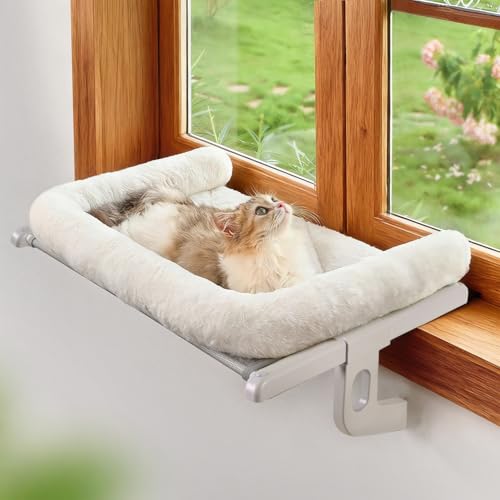 Zoratoo Cat Window Sill Perch with Large Bolster, Easy to Adjust & Assemble Cat Window Seat for Windowsill & Bedside, Pet Hammock Bed for Large Cats and Kittens (White, M) - color: White, size: Medium