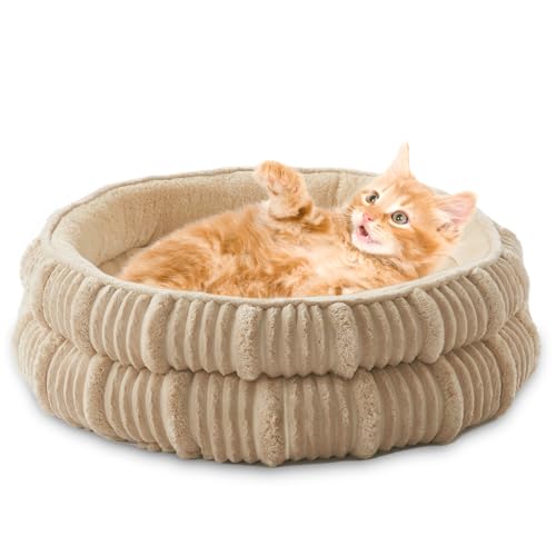 Cat Beds for Indoor Cats,Kitten Bed,Dog Bed for Extra Small Dogs Breeds,Puppy Kennel Bed, Comfy Durable Pet Sleeping Bed, Washable Roun Cat Beds & Non-Slip Bottom, Beige 18" L x 18" W x 7" Th - color: Beige1, size: Small
