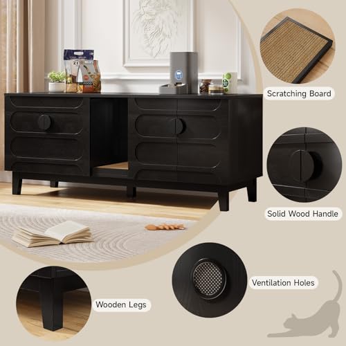 ONBRILL 59 Inches Cat Litter Box Enclosure for 2 Cats, Hidden Litter Boxes Furniture w/Cat Scratch Pad, Modern Large Pet House with Double Room, Wooden TV Stand for Living Room, Black