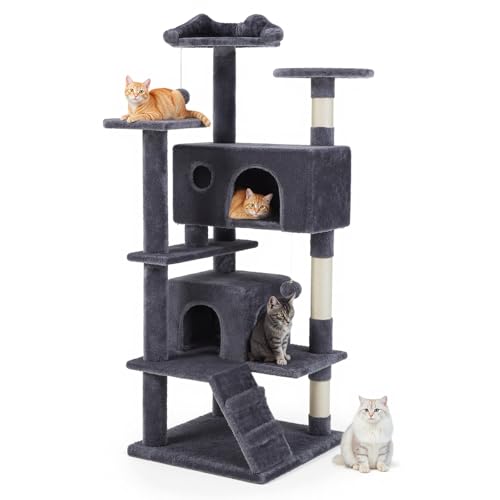 Cat Tree 54 Inch, Multi-Level Cat Tower with Condo, Perches, Sisal Scratching Posts and Climbing Ladder, Pet Play Toy Balls House for Indoor Cats - color: Gray, size: 54IN