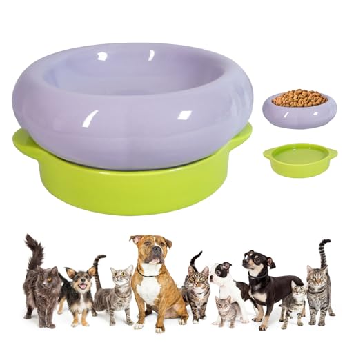 Ceramic Cat Food Bowl Set of 2,Flower Anti Whisker Fatigue Cat Bowls/Dishes,for Wet Dry Food and Water,Cute Kitten Feeding Shallow Bowls,for Indoor Outdoor, Dishwasher Safe, Non-Slip(Purple) - color: Purple
