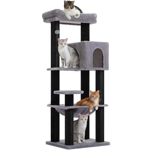 MUTTROS Large Cat Tree for Indoor Cats Large Adult, 57.8" Heavy Duty Cat Tower with Reinforced Scratching Posts (φ3.7in) and Plush Larger Hammock for Maine Coon & Big Cats, Supports 30lbs, Black - color: Black&Grey, size: 57.8inch
