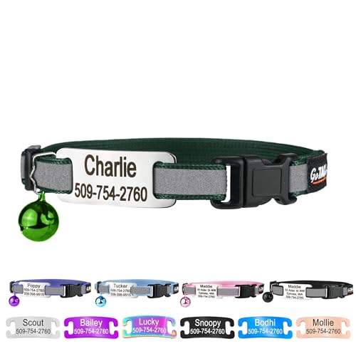GoTags Personalized Reflective Cat Collars with Tag, Engraved Custom with Name and Phone, Breakaway Collar with Safety Buckle and Bell, Adjustable for Cats and Kitten, (Hunter Green with Nameplate) - color: Hunter Green, size: One-Size (Reflective)