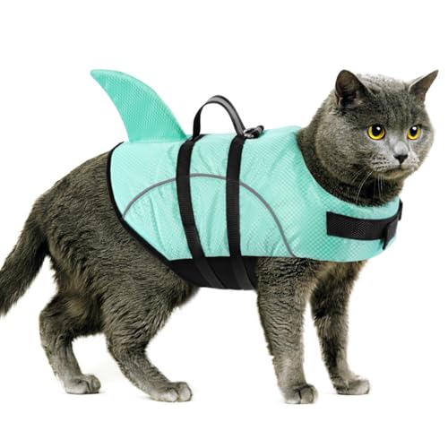 Queenmore Small Dog Life Jacket XXS, Puppy Life Jackets for Small Dogs, Little Dog Life Vest for Swimming/Boating, Cat Life Jacket/Life Vest, Lightweight Shark Pet Water Vest with Handle/Leash Hook - color: Light Blue, size: XX-Small