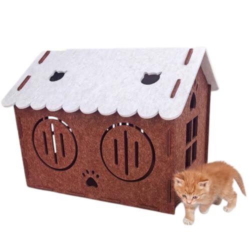 Cat Bed for Indoor Cats, 4-Season Felt Cat Cave Bed, Dual Entrances, Large Foldable Cat House, Summer Cool Indoor Cats House, Cats Nest for Maternity (Brown, 19.3×14.2×15.8in) - color: Brown
