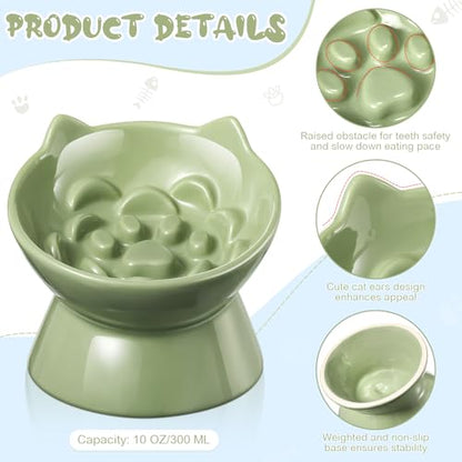Funnymoom 2 Pcs Ceramic Raised Slow Feeder Cat Bowl, 5.91inch Elevated Cat Slow Feeder Bowl Tilted Anti Vomiting for Dry Wet Food and Water Easy to Clean High Edge(Green, Blue) - color: Green, Blue