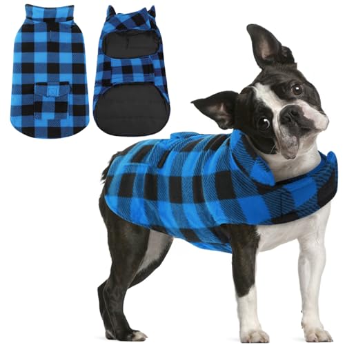 AOFITEE Dog Coat Plaid Dog Winter Coat for Small Dogs, Warm Dogs Jacket Christmas Sweater, Waterproof Pet Puffer Jacket, Reversible Pet Cold Weather Coats for Small Medium Large Pets, Blue S - color: Blue, size: Small