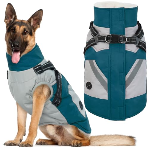 IECOii Large Dog Coat with Harness Built in Waterproof Windproof Dog Winter Coat, Fleece Lined Zip Snow Jacket for Dogs Thermal Outdoor Snowsuit Cold Weather Jackets Bulldog, Turquoise Green,L - color: Turquoise Green, size: Large(Chest:24.4 in)