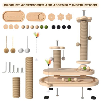 Cat Scratching Post, Sisal Cat Scratcher Post - 4-in-1 Cat Solid Wood Activity Center | Indoor Interactive Cat Toy with Trackball (Rolling), Feather Teaser, Hanging Balls & Natural Catnip Ball