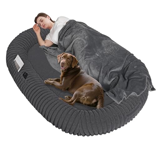 Human Dog Bed for Adult, Reversible Orthopedic Gel Memory Foam Cushion, Washable Corduroy Fleece, Plump Edge with Blanket, Storage Pocket, Strap, 71"x47.2"x9", Extra Large, Dark Grey - color: Dark Grey, size: 71.0"L x 47.2"W x 9.0"H