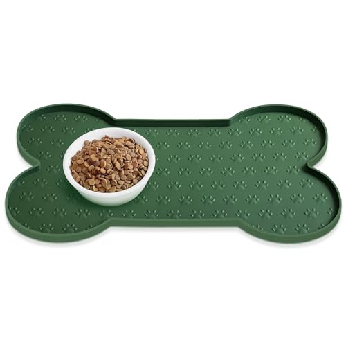 PWTAA Dog Food Mat Anti-Slip Silicone Dog Bowl Mat Thicker Pet Placemat Waterproof Cat Feeder Pad with Raised Edge Puppy Kitten Feeding Mats Suitable Small Medium-Sized Dogs Cats Eating Tray - color: Hunter Green, size: 19.4" x 9.8"