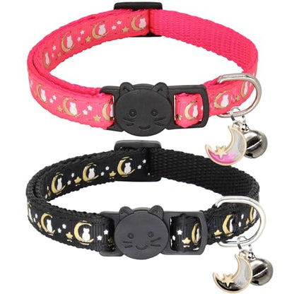 2 Pack Breakaway Cat Collar with Bells, Adjustable Moon and Star Kitten Safety Collars for Boys & Girls, Black+Hotpink - color: Black+Hotpink