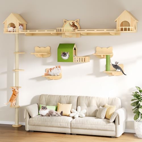 YITAHOME Cat Wall Shelves with Scratching Post, Cat Tower with Solid Wood Wall Shelves, Multi-Level Cat Climbing Furniture with Hideout & Runway - size: 21 pieces