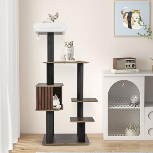 PETSITE 59.5 Inches Modern Cat Tree, Multi-Level Cat Tower with Scratching Posts, Large Condo with Removable Pad, Cushioned Soft Top Perch, and Interactive Dangling Ball (Brown) - color: Brown